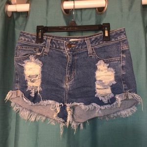 Distressed denim high waisted shorts